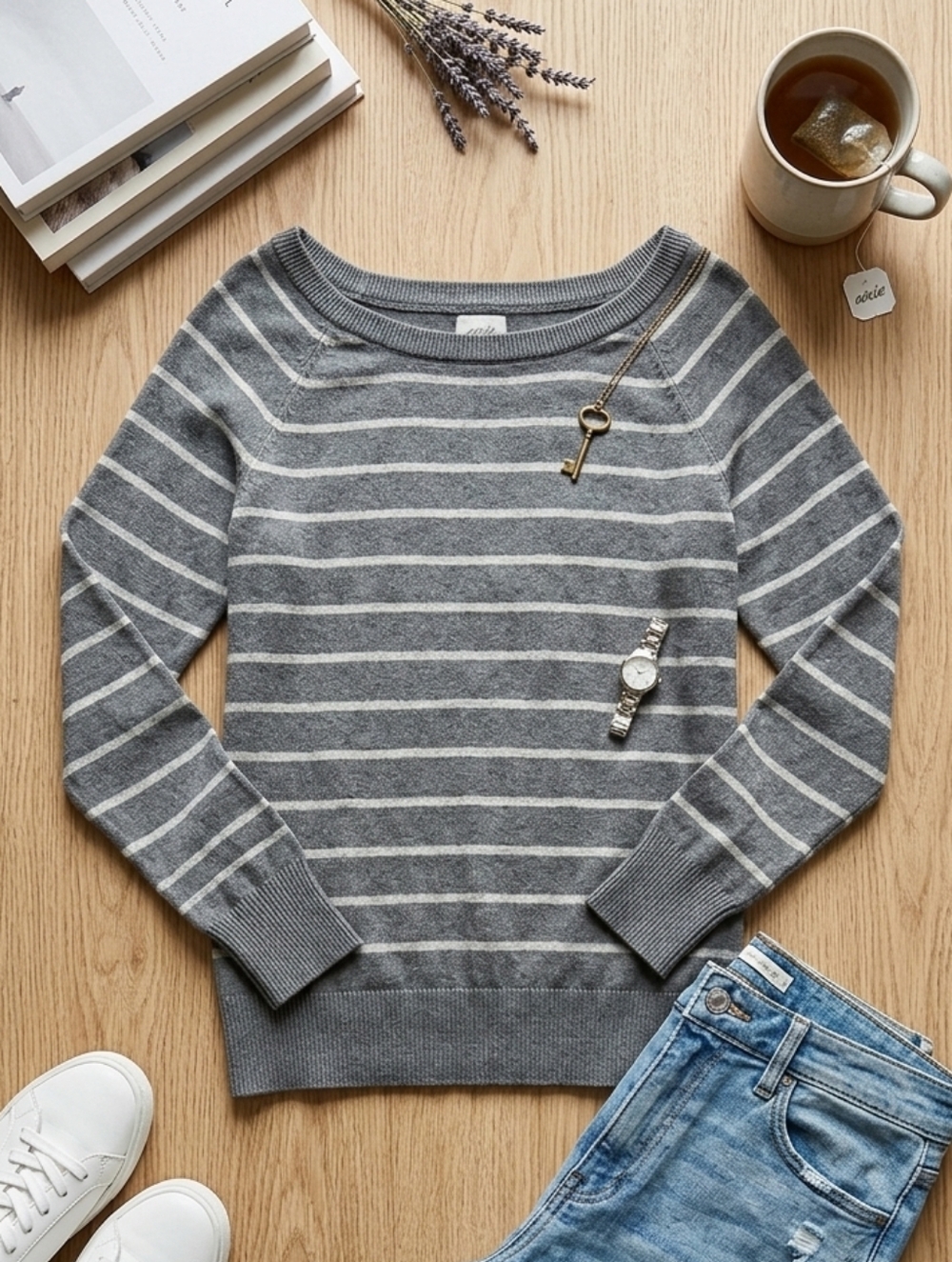 Aerie Gray Striped Raglan Pullover